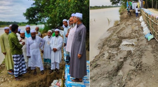 বেড়িবাঁধের মাটি কেটে বাঁধ নির্মাণে ক্ষুব্ধ জকিগঞ্জ জনদাবি আদায় পরিষদ