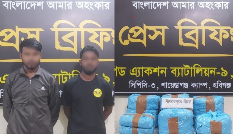 চুনারুঘাটে ২২ কেজি গাঁজাসহ ২ জনকে গ্রেফতার করেছে র‌্যাব-৯