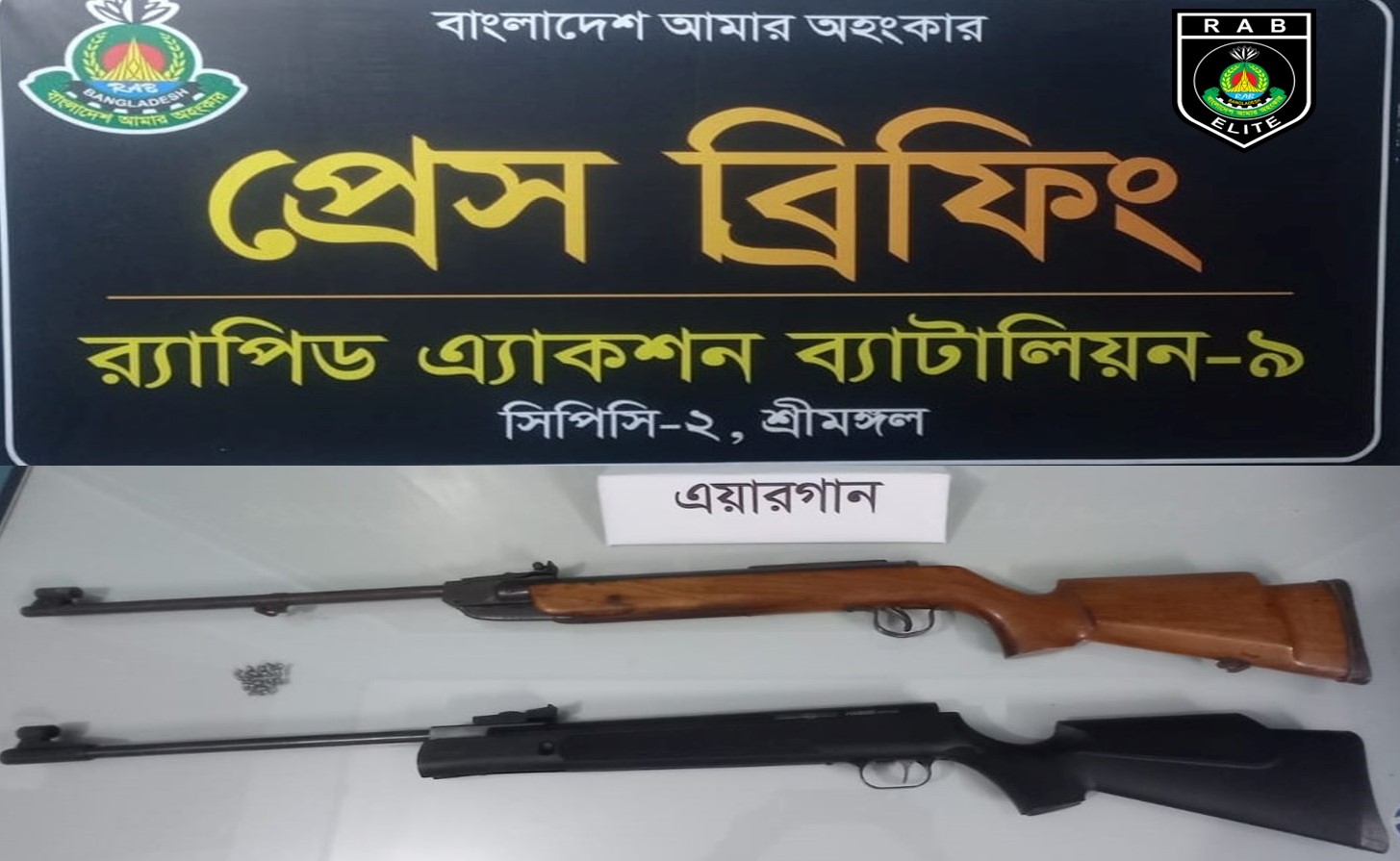 কমলগঞ্জ থেকে গুলিসহ ২টি এয়ারগান উদ্ধার করেছে র‌্যাব-৯
