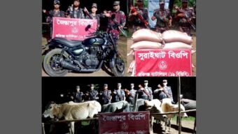 সিলেটে ১৯ বিজিবি জব্দ করেছে ভারতীয় মোটরসাইকেল গরু ও চিনি