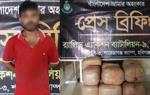 মাধবপুরে ৫৯ কেজি গাঁজাসহ ১ জনকে গ্রেফতার করেছে র‌্যাব-৯
